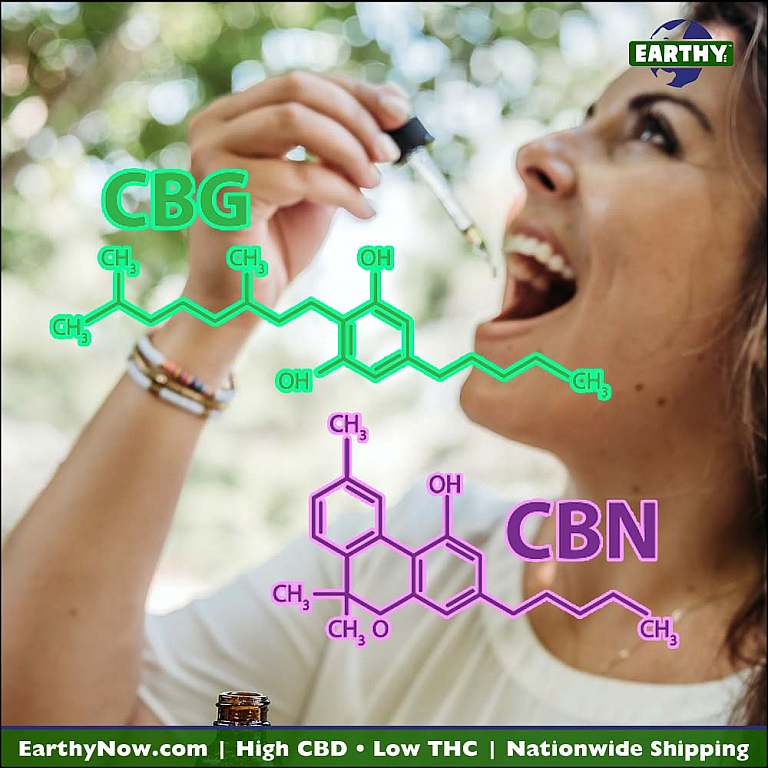 Woman using CBG, CBN oil for beginners. Earthy Now logo